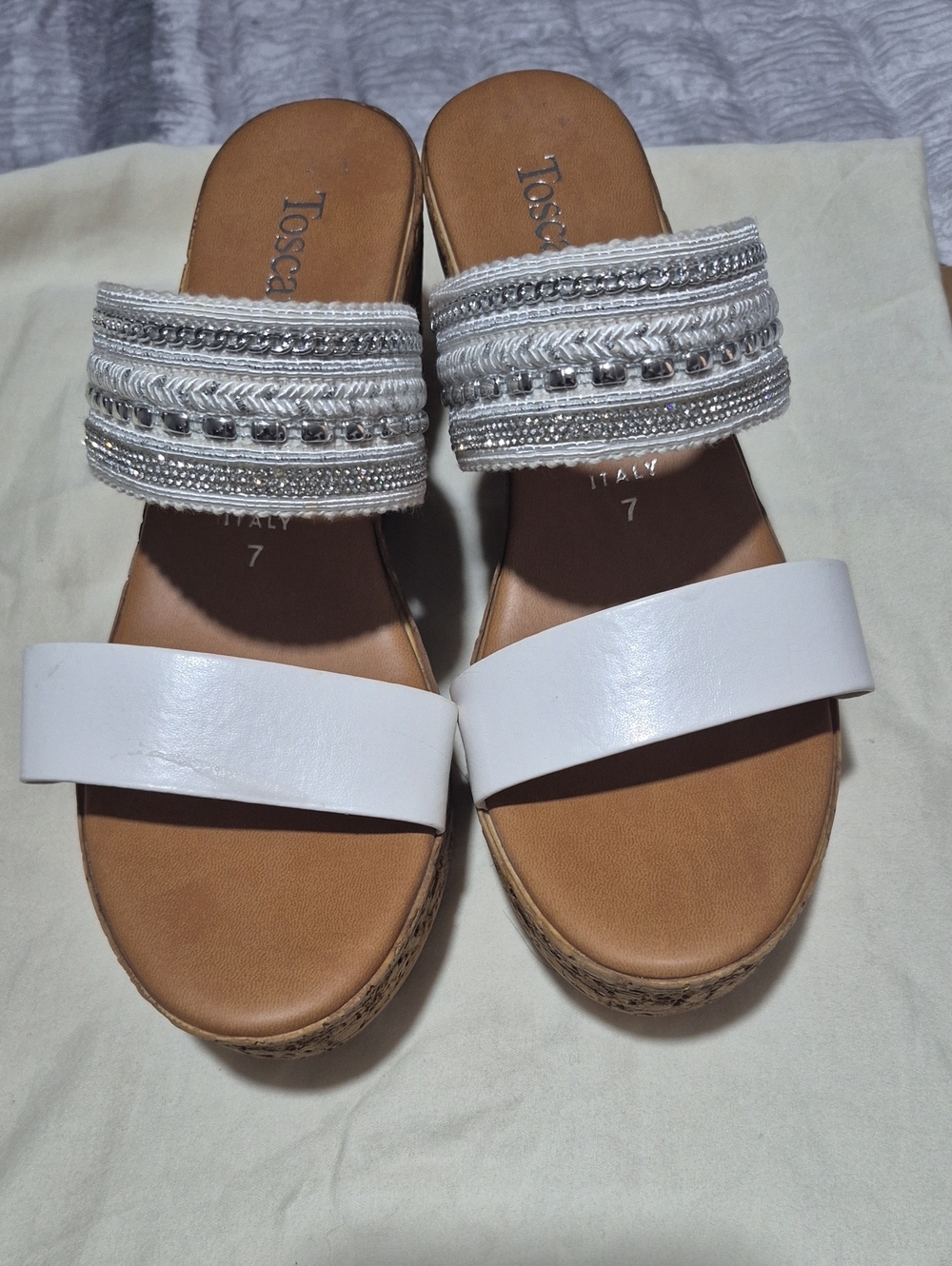 Tosca White Embellished Wedge Slide Sandals - Women